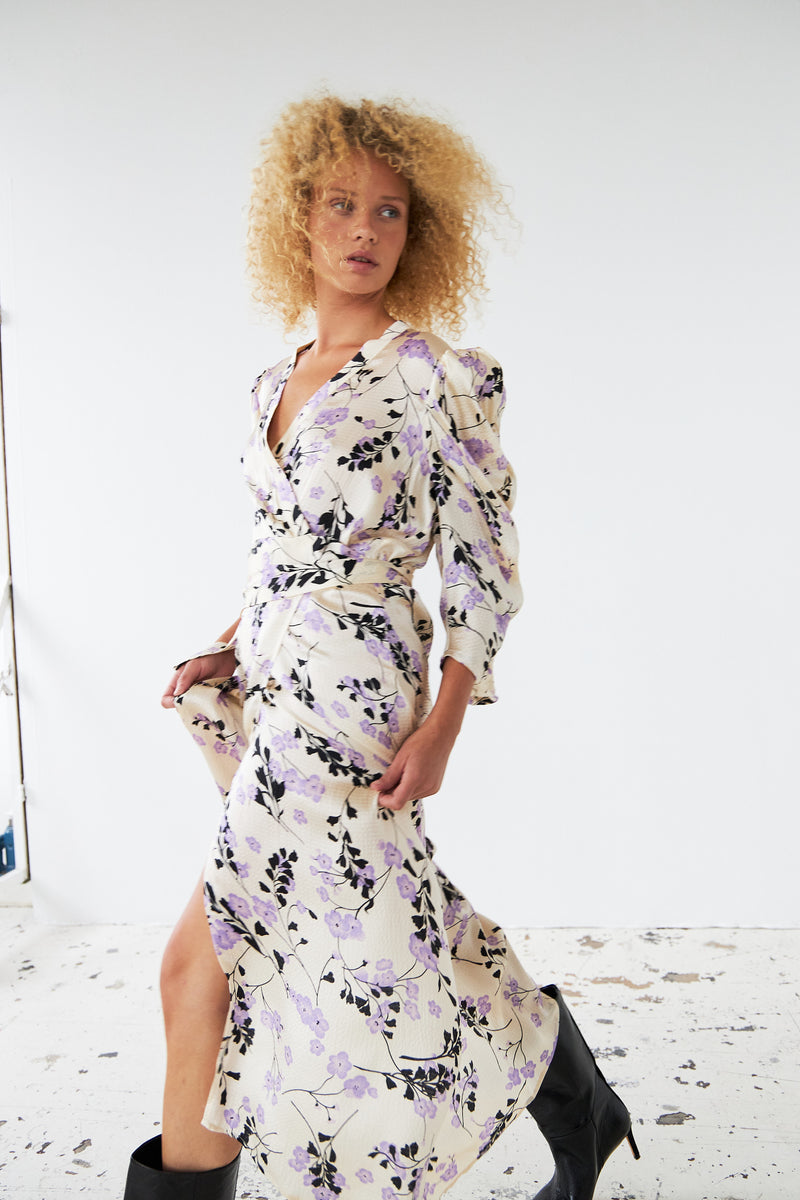 Stella Nova Hammered printed silk midi wrap dress Dress 168 Flower Power Purple