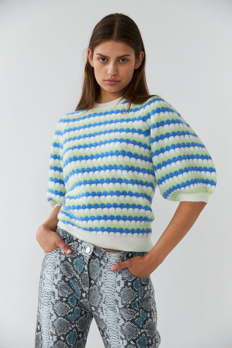 Stella Nova Knitted wave stripe short sleeved sweater Sweater 238 Blue Green Stripes